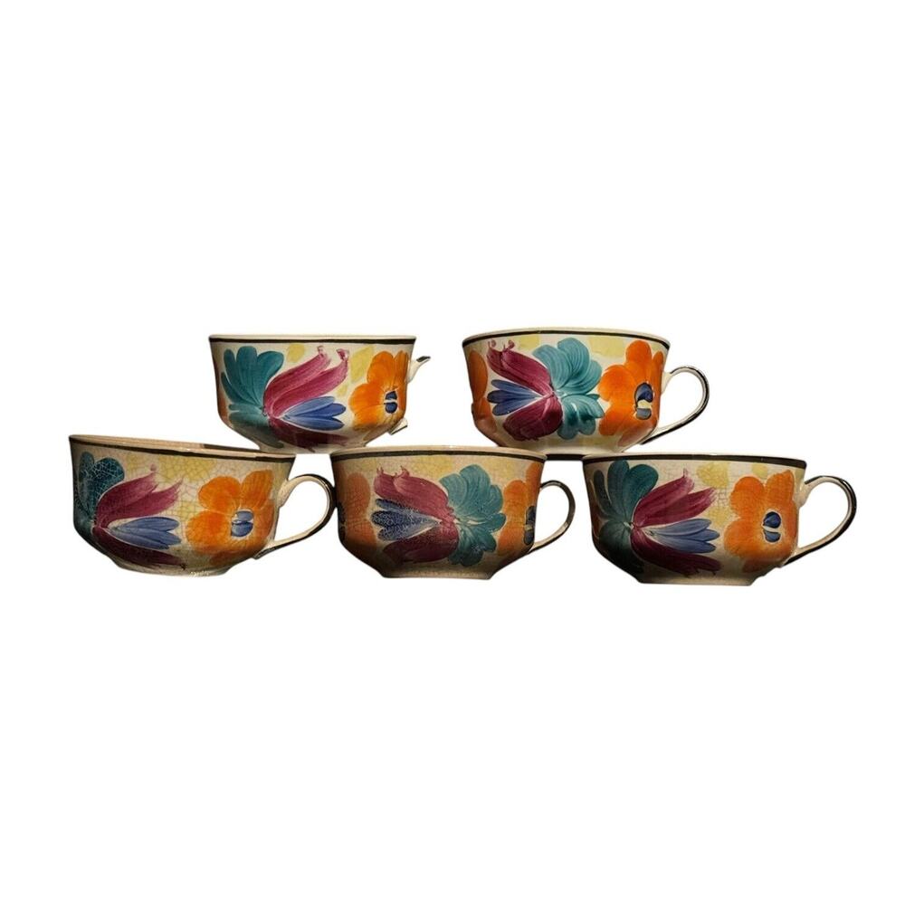Peasant Mugs (5) Art Industry Antique Pottery Floral Tea Coffee Service‎ READ